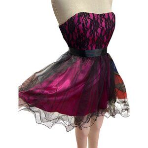 Deb Womens Strapless Dress With Lace Overlay Ribbon Bow Back Y2K Short Prom Home